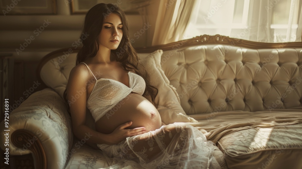 Pregnant woman in white lingerie sits peacefully on vintage sofa, hand on belly. Soft sunlight creates warm, tranquil atmosphere in safe, comfortable environment. Pregnant woman in white lingerie sits peacefully on vintage sofa, hand on belly. Soft sunlight creates warm, tranquil atmosphere in safe, comfortable environment.