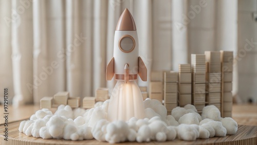 Modern Toy Rocket Launching Amidst Wooden Blocks and Cotton Clouds photo