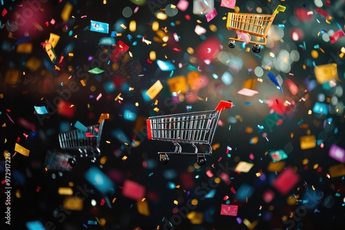 Shopping carts flying in colorful confetti blizzard, representing excess consumerism and frenzied holiday shopping photo