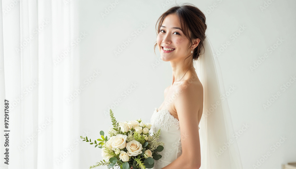 Portrait of a joyful bride holding a bouquet, set against a white background. Portrait of a joyful bride holding a bouquet, set against a white background.