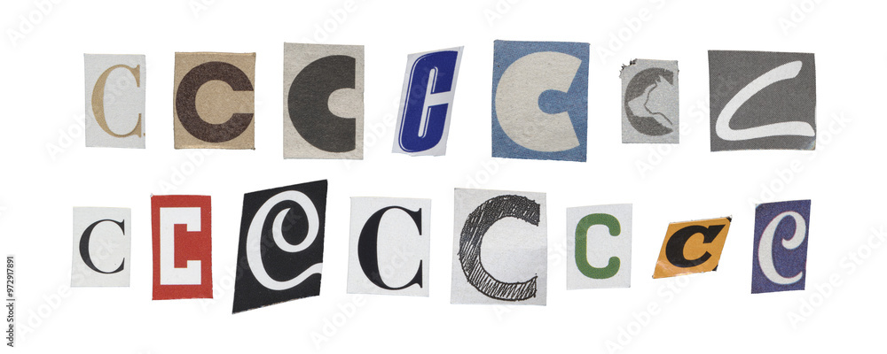 Set of isolated cut-out letter “C” from magazines on a transparent background, retro y2k style Set of isolated cut-out letter “C” from magazines on a transparent background, retro y2k style