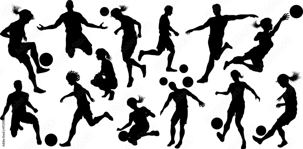 Soccer football player male and female silhouette men and women set Soccer football player male and female silhouette men and women set