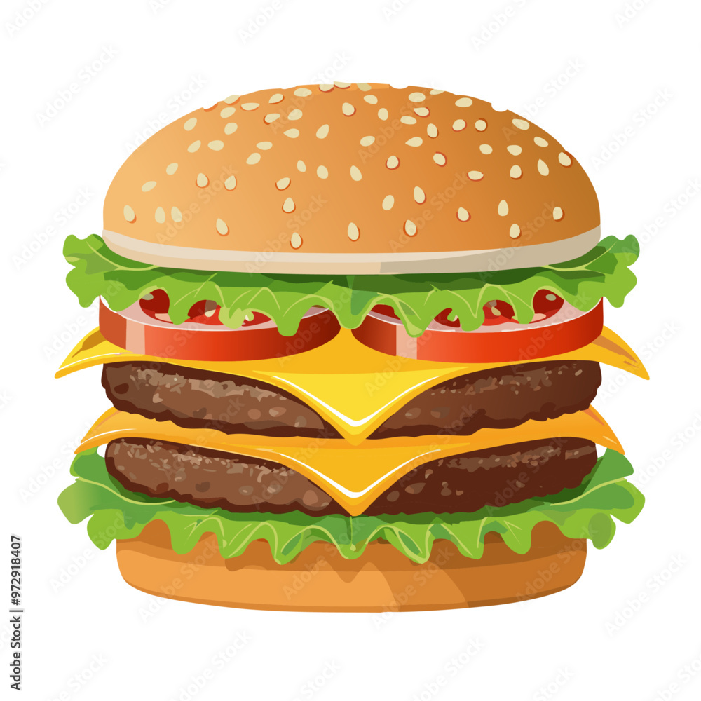 Double Cheeseburger Vector Illustration with Lettuce and Tomato Double Cheeseburger Vector Illustration with Lettuce and Tomato