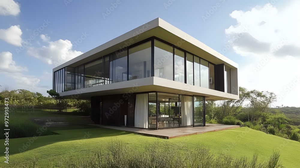 Modern Glass House With Green Grass And Blue Sky Modern Glass House With Green Grass And Blue Sky