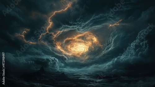 Wallpaper Mural A sequence of a supernatural storm, with swirling clouds and lightning strikes enhanced by computer-generated imagery, casting an eerie glow over a dark landscape Torontodigital.ca