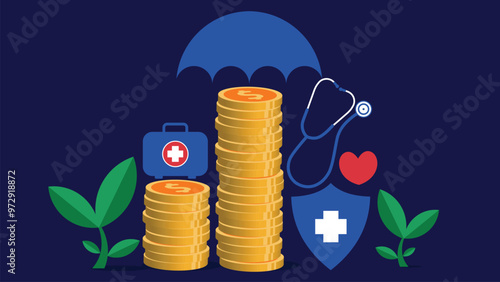 Medical funds , expense and insurance concept vector banner design illustration with dollar coin stack, shield, umbrella, stethoscope and first aid kid icons all on a horizontal  blue background.