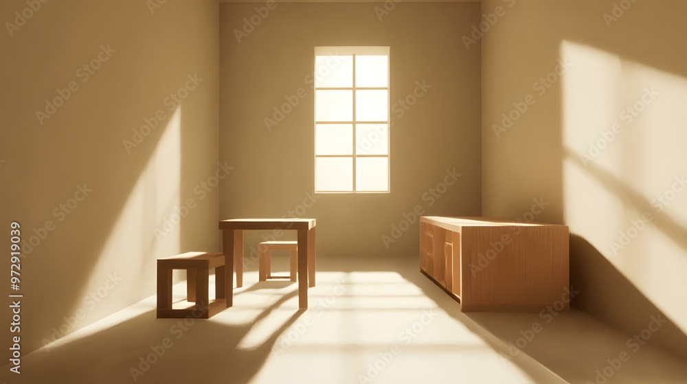 Minimalist Room Interior Design With Wooden Furniture And Sunlight Minimalist Room Interior Design With Wooden Furniture And Sunlight