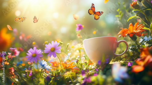 Tea Cup in a Flower Garden with Butterflies