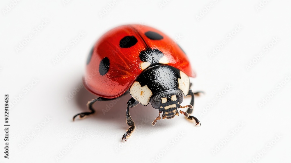 A close-up of a ladybug resting on a white surface, with a focus on its bright red shell and black spots, contrasting sharply against the plain background. A close-up of a ladybug resting on a white surface, with a focus on its bright red shell and black spots, contrasting sharply against the plain background.