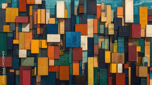 An abstract representation of a cityscape, where buildings are simplified into rectangular blocks of varying heights and colors, portraying an urban grid