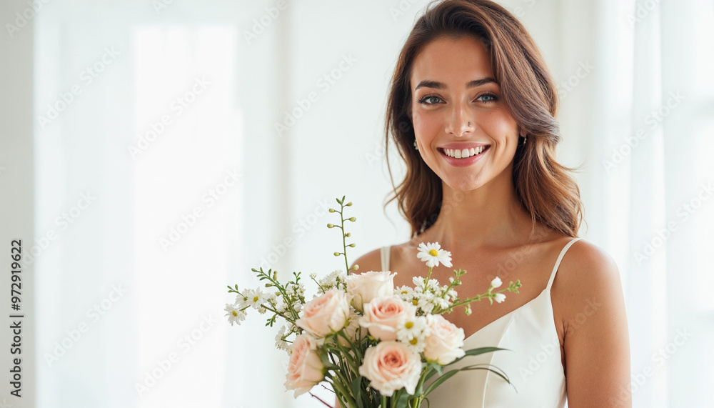 Portrait of a joyful bride holding a bouquet, set against a white background. Portrait of a joyful bride holding a bouquet, set against a white background.