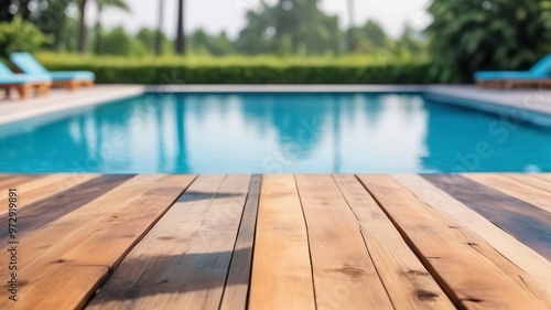 Wooden deck overlooking a swimming pool.