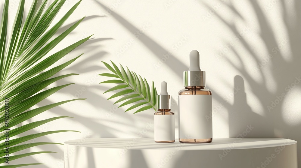 chic presentation of a cosmetic dropper bottle with palm leaf on a grey color scheme, emphasizing beauty and wellness in product design chic presentation of a cosmetic dropper bottle with palm leaf on a grey color scheme, emphasizing beauty and wellness in product design