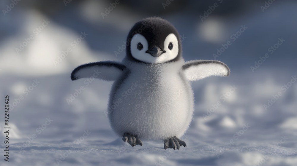 Fototapeta premium 12. **Detailed 3D render of a baby penguin waddling with fluffy feathers