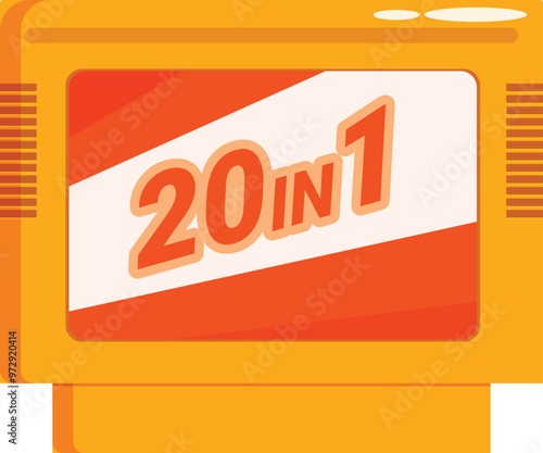 Yellow plastic cartridge for a retro game console offering a collection of 20 games in 1