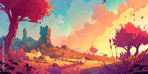 Colorful Fantasy Landscape Illustration with a Ruined Tower