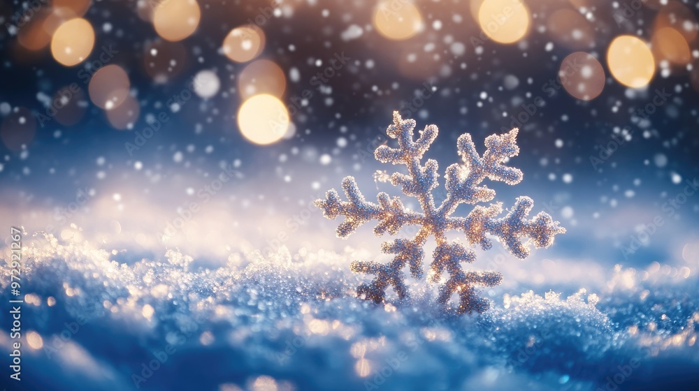 A large, intricate snowflake sits on a bed of fresh snow with a bokeh of lights in the background. A large, intricate snowflake sits on a bed of fresh snow with a bokeh of lights in the background.
