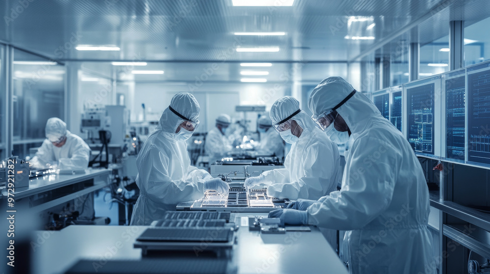 Factory workers in a cleanroom environment assembling electronics Factory workers in a cleanroom environment assembling electronics