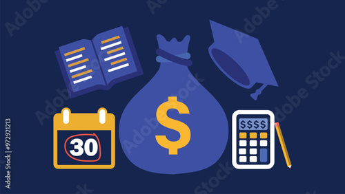 Student loan concept vector banner design illustration. Education funds idea cover with money bag, book, calculator, pencil, calendar and graduation hat icons all on a horizontal background.