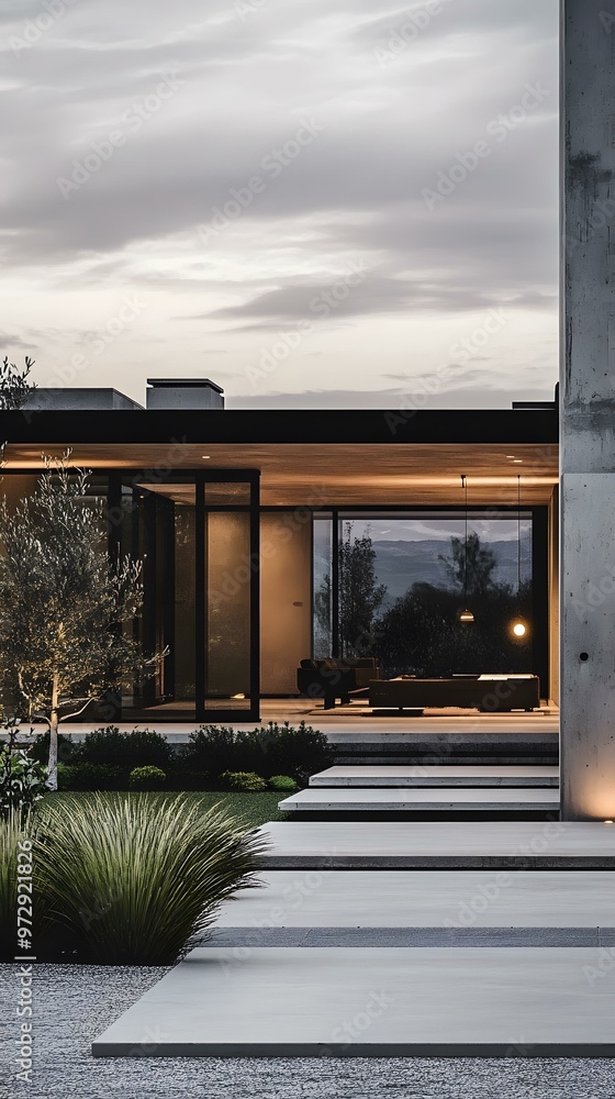 Fototapeta premium Modern Minimalist House Exterior Design With Concrete Patio And Grass