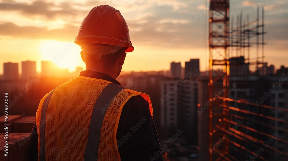 A construction worker gazes at a stunning sunset, highlighting urban development and the beauty of hard work. A construction worker gazes at a stunning sunset, highlighting urban development and the beauty of hard work.