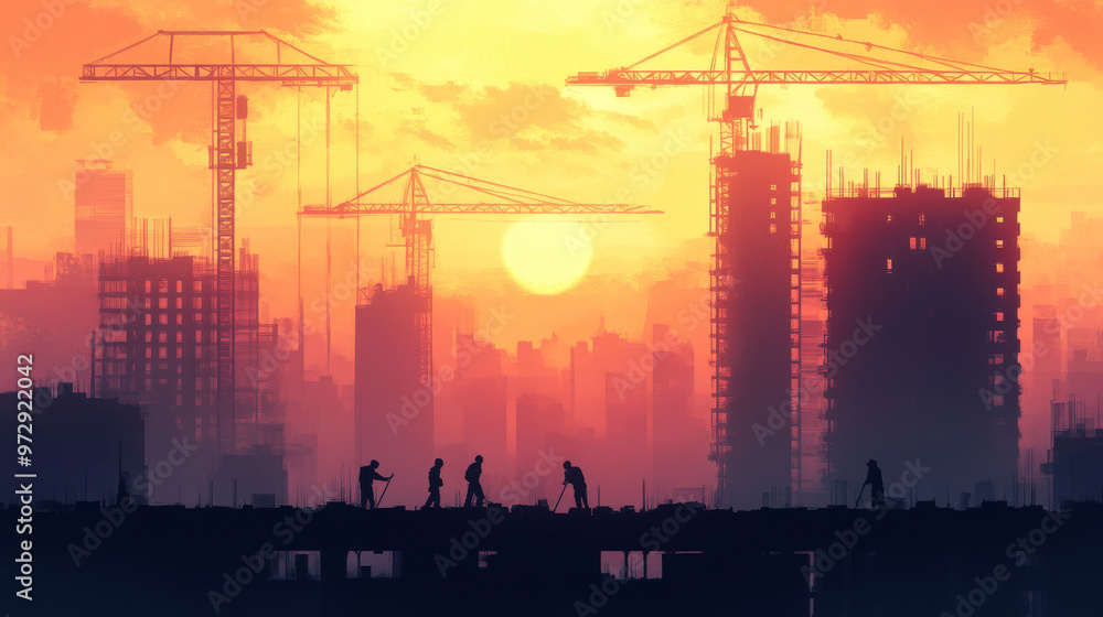 Fototapeta premium Construction workers building a skyscraper with cranes in the background