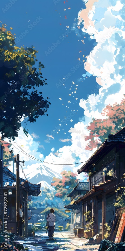Obraz premium Japanese Village Illustration with Blue Sky and Mountains