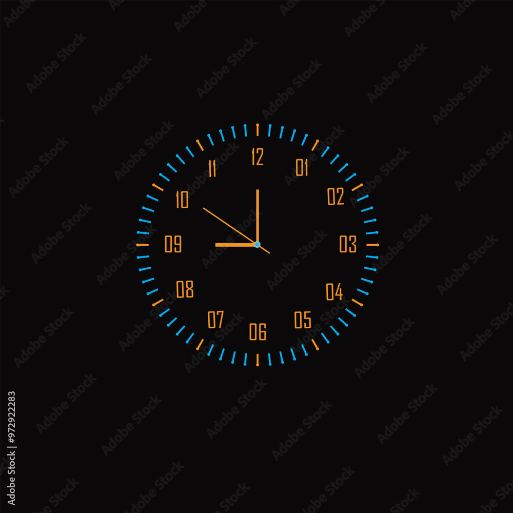 Sleek black analog black watch with vibrant blue and orange markers and hands, encased in a glossy frame with triangular decorative elements. Ideal for modern design, technology, and fashion projects. Sleek black analog black watch with vibrant blue and orange markers and hands, encased in a glossy frame with triangular decorative elements. Ideal for modern design, technology, and fashion projects.