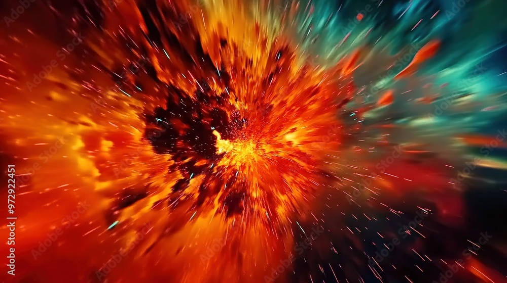 Vivid burst of colors depicting an explosion in deep space, showcasing vibrant reds, oranges, and blues in a cosmic scene Vivid burst of colors depicting an explosion in deep space, showcasing vibrant reds, oranges, and blues in a cosmic scene