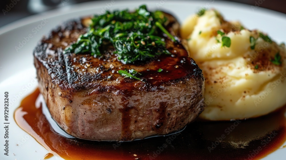 A close-up of a succulent steak with a rich, savory sauce drizzled over it, accompanied by mashed potatoes and saut greens, highlighting the dish's textures. A close-up of a succulent steak with a rich, savory sauce drizzled over it, accompanied by mashed potatoes and saut greens, highlighting the dish's textures.