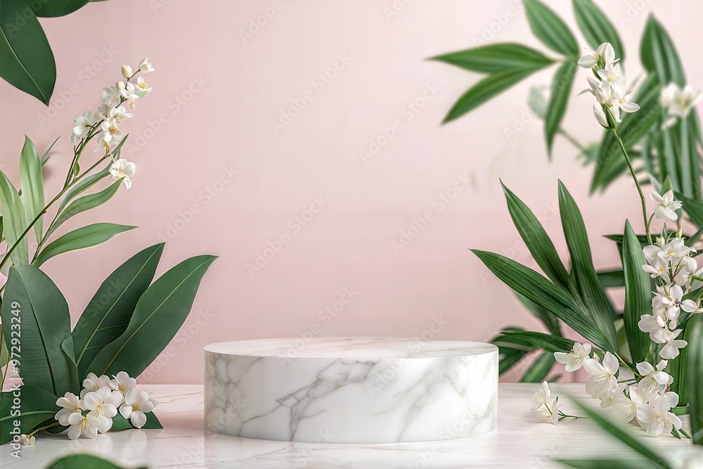 photo light marble stone podium stand for cosmetics and product display abstract pastel background with flowers and green leaves photo light marble stone podium stand for cosmetics and product display abstract pastel background with flowers and green leaves