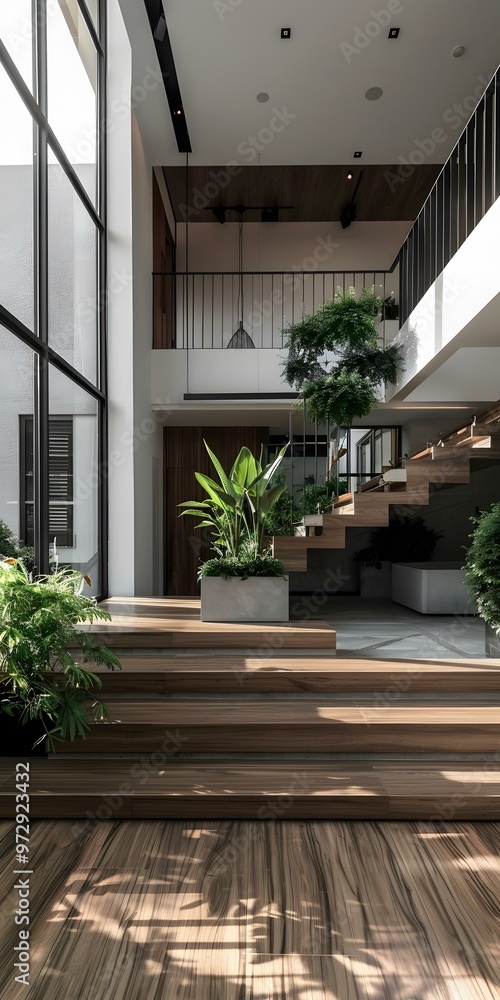 Fototapeta premium Modern House Interior Design With Wooden Stairs And Natural Light