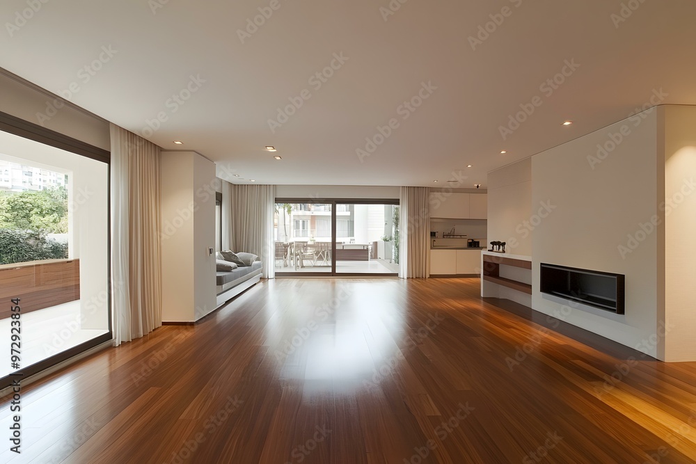 Fototapeta premium Modern Living Room with Fireplace and Sliding Doors