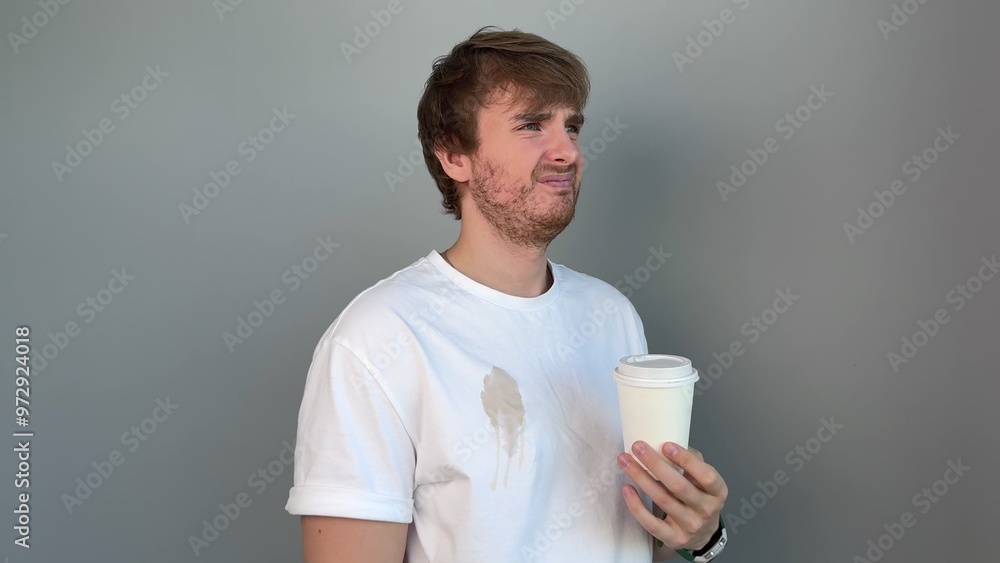 young handsome man in white t-shirt spilled coffee on his t-shirt. concept stained and dirty clothes, spot, gray background young handsome man in white t-shirt spilled coffee on his t-shirt. concept stained and dirty clothes, spot, gray background