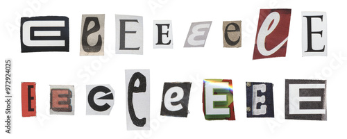 Cuadro en lienzo Set of isolated cut-out letter “E” from magazines on a transparent background, r
