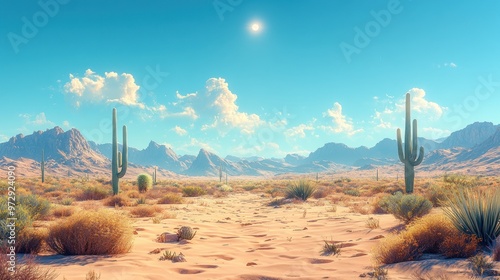 Expansive desert landscape with cacti and distant mountains.