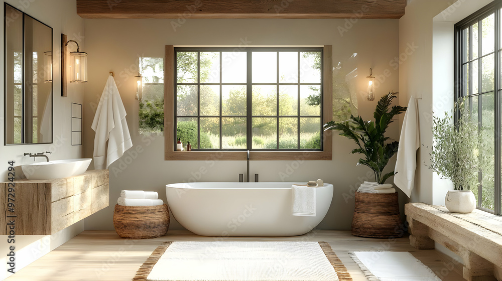 Modern bathroom featuring a freestanding tub, natural light, and minimalist decor. Modern bathroom featuring a freestanding tub, natural light, and minimalist decor.