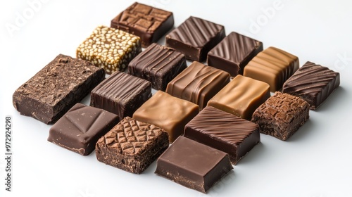 A close-up of a variety of chocolate squares and bars arranged neatly on a white background, showcasing different textures and shades of rich chocolate.