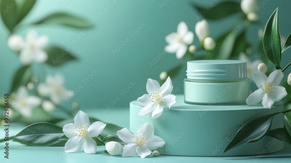 showcasing a minimalistic approach to product presentation with jasmine flowers on a podium against a tranquil light green backdrop showcasing a minimalistic approach to product presentation with jasmine flowers on a podium against a tranquil light green backdrop