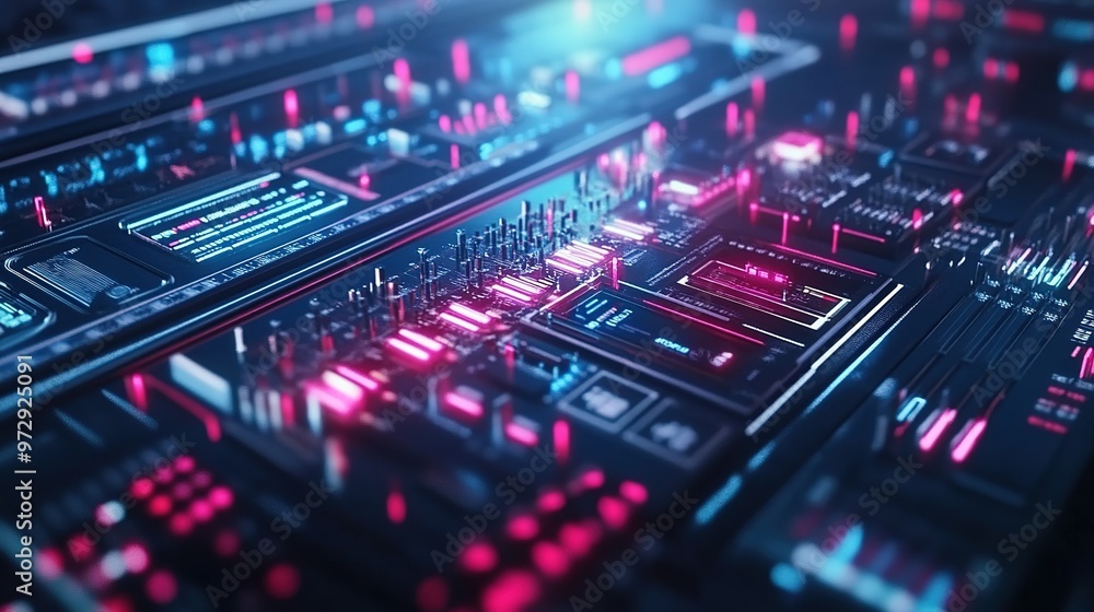 Futuristic circuit board illuminated by vibrant neon lights showcasing advanced technology and digital connectivity Futuristic circuit board illuminated by vibrant neon lights showcasing advanced technology and digital connectivity