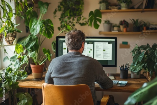 Man Working on Digital E-Invoice at Computer Desk, Home Office Setting with Plants, Modern Remote Work, Paperless Billing Concept. photo