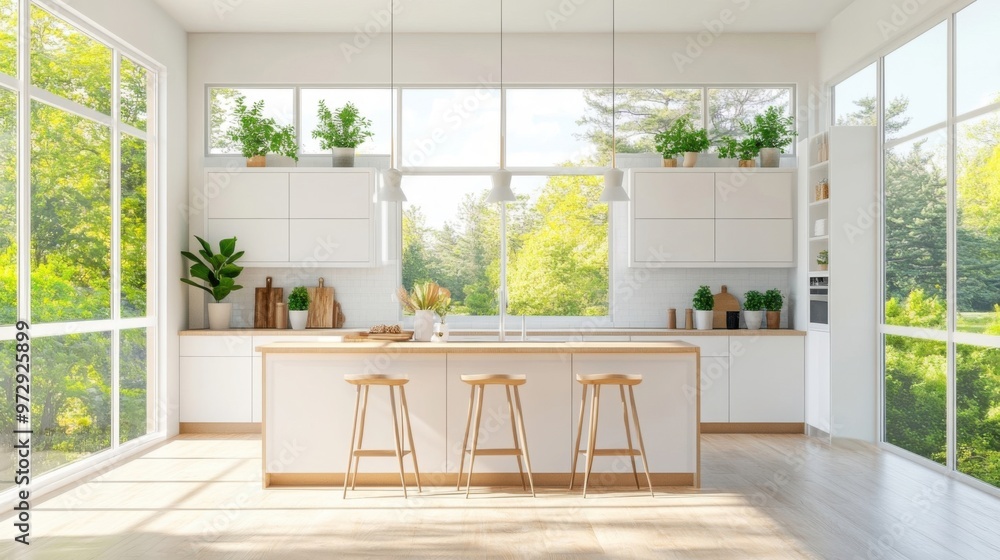Bright Modern Kitchen Interior with Large Windows, White Cabinets, and Wooden Floors in Daylight, Featuring an Island and Green Plants, Ideal for Home Design Inspiration. Bright Modern Kitchen Interior with Large Windows, White Cabinets, and Wooden Floors in Daylight, Featuring an Island and Green Plants, Ideal for Home Design Inspiration.