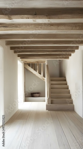 Whitewashed Wooden Beams and Staircase in a Rustic Home Interior