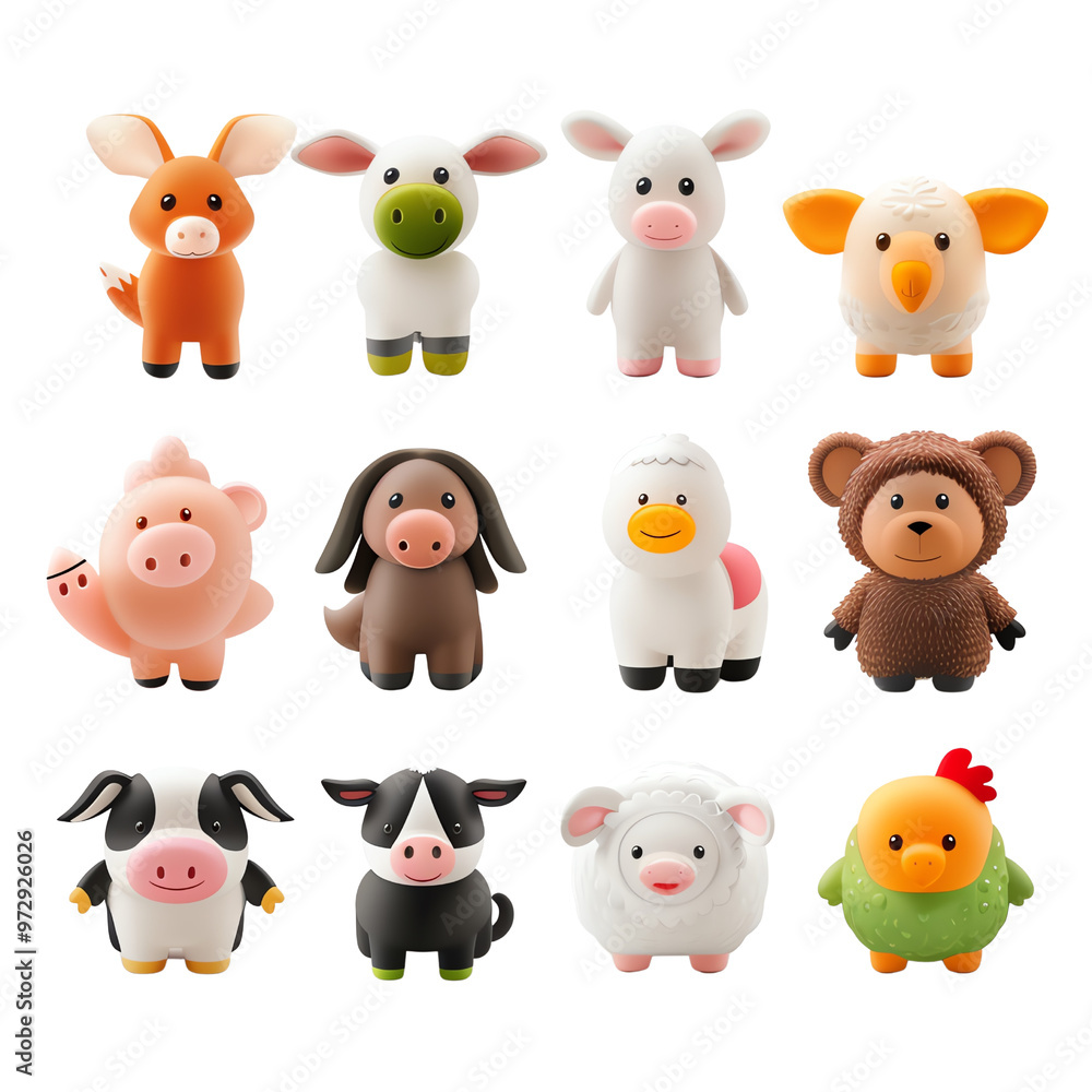 Cute colorful cartoon farm animals figurines in various poses. Perfect for kids' educational content., transparent background Cute colorful cartoon farm animals figurines in various poses. Perfect for kids' educational content., transparent background