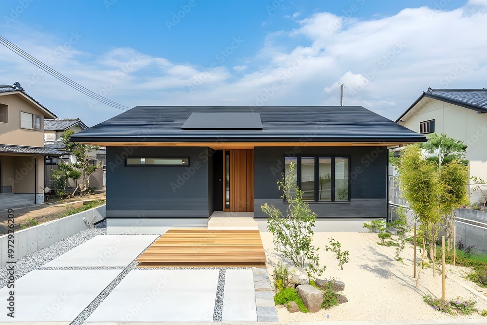 Modern Black and Wood Home Exterior Design with Stone Patio Modern Black and Wood Home Exterior Design with Stone Patio