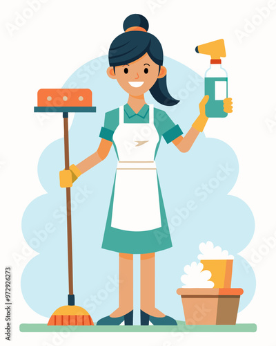 A restaurant server takes on a second job as a house cleaner during the day to make ends meet and support her family.. Vector illustration