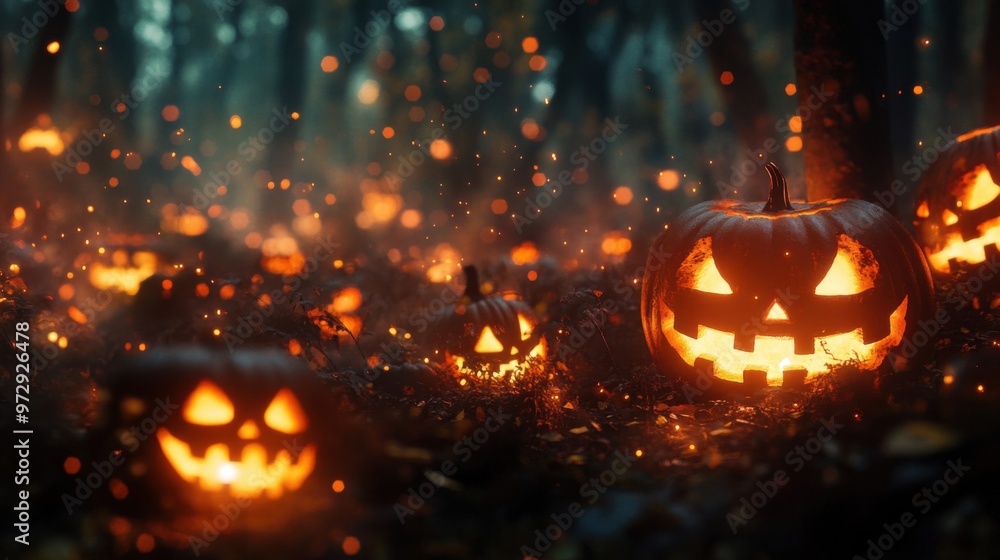 Glowing Jack-o'-Lanterns in Dark Enchanted Forest Halloween Night Glowing Jack-o'-Lanterns in Dark Enchanted Forest Halloween Night