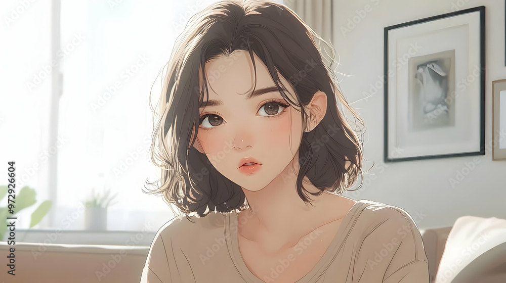 Anime Girl with Brown Hair and Eyes, Looking Away from Camera, Sitting in a Room with Sunlight Streaming in