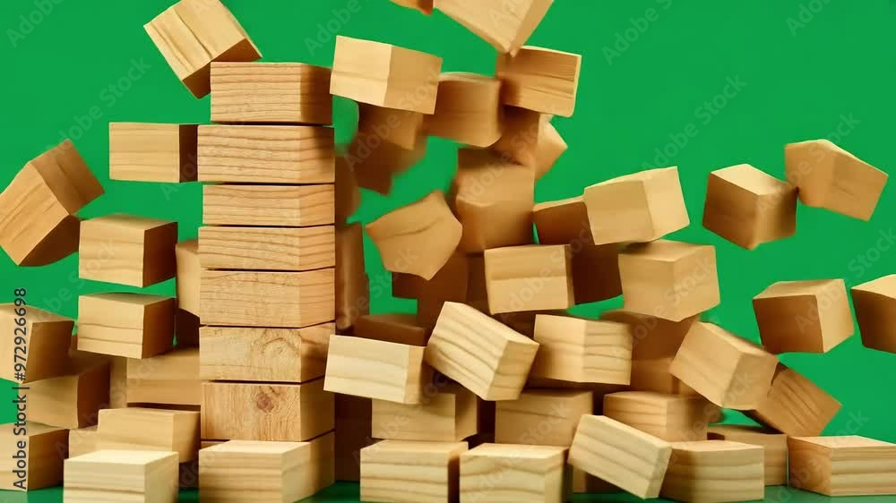 Tower of wooden blocks is collapsing on a green screen background. The blocks are falling in slow motion, creating a dramatic effect Tower of wooden blocks is collapsing on a green screen background. The blocks are falling in slow motion, creating a dramatic effect