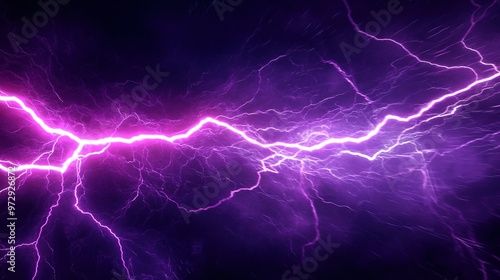 A display of vibrant purple lightning bolts illuminating the dark sky during a nighttime thunderstorm